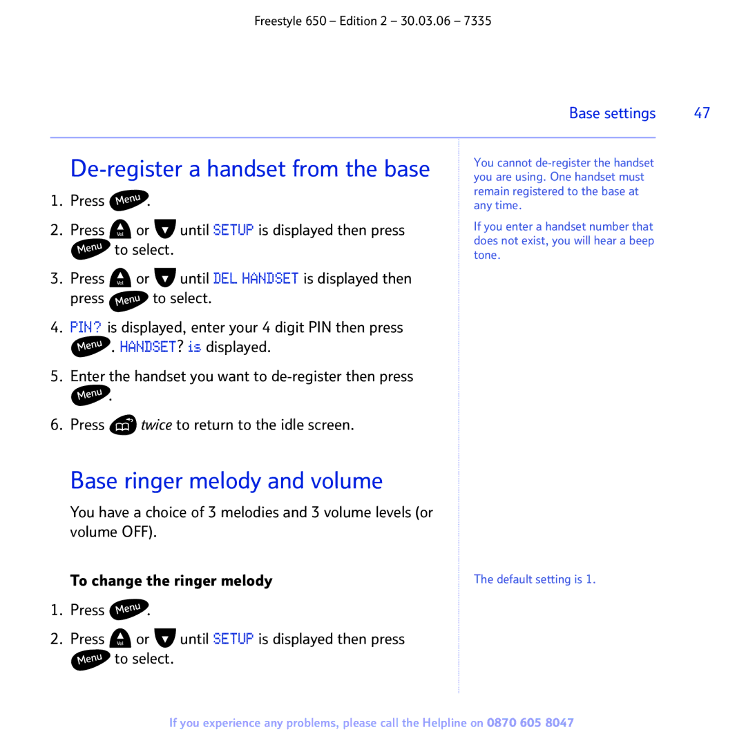 BT 650 manual De-register a handset from the base, Base ringer melody and volume 
