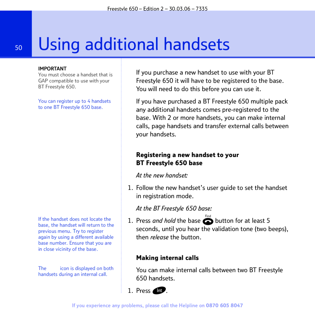 BT manual Using additional handsets, Registering a new handset to your BT Freestyle 650 base 