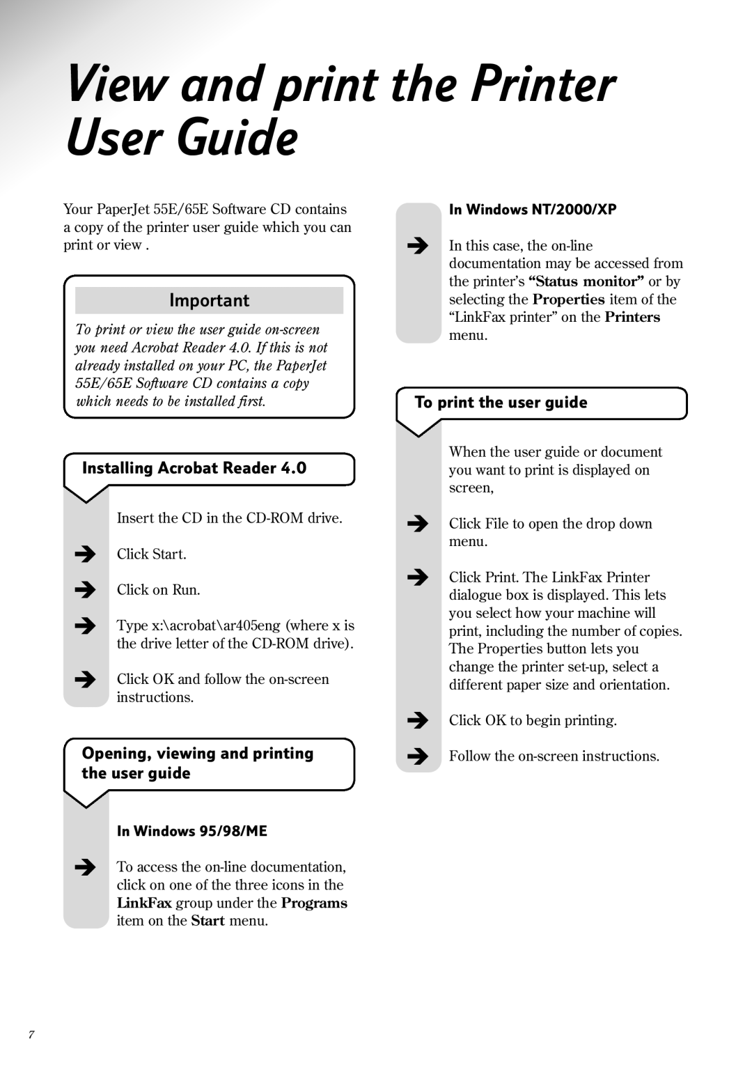 BT 65e View and print the Printer User Guide, Installing Acrobat Reader, Opening, viewing and printing the user guide 