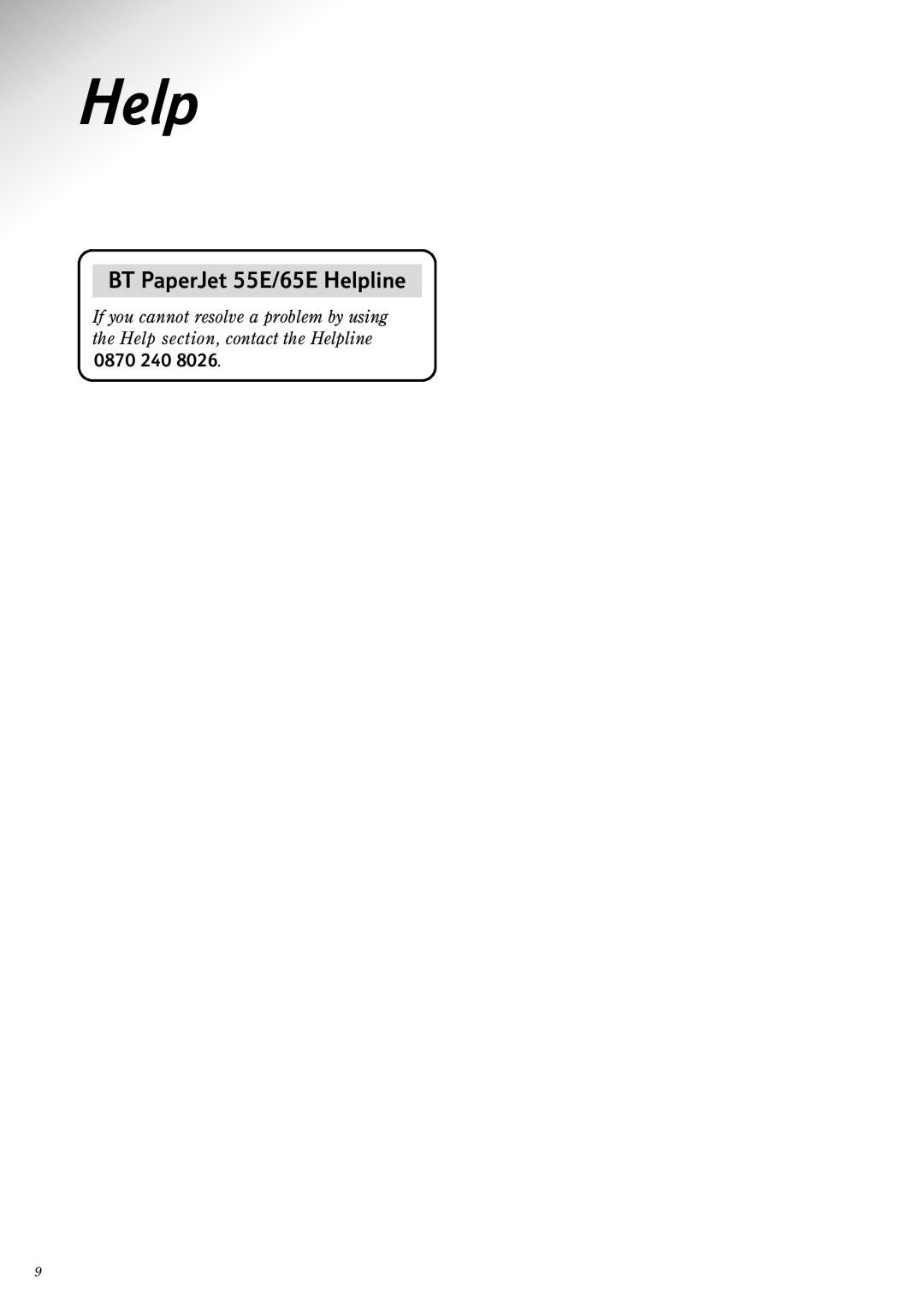 BT 65e manual BT PaperJet 55E/65E Helpline, 0870 240 
