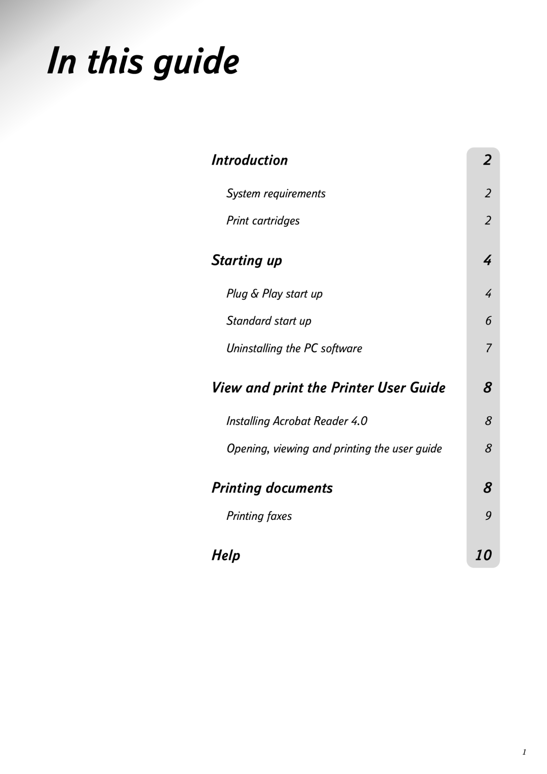 BT 65e manual In this guide, Introduction, Starting up, Printing documents, Help, View and print the Printer User Guide 