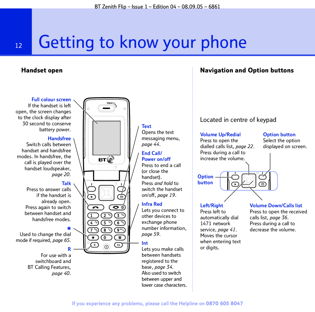 BT 6861 manual Getting to know your phone, Handset open, Navigation and Option buttons Located in centre of keypad 