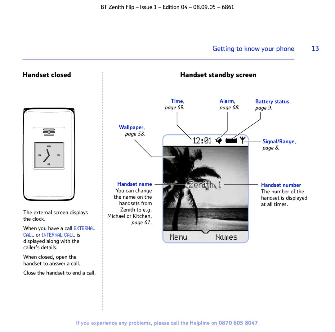 BT 6861 manual Handset closed, Time Alarm, Wallpaper, Signal/Range 