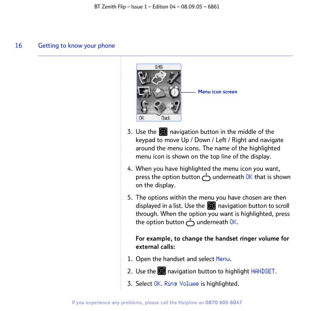 BT 6861 manual Menu icon screen 