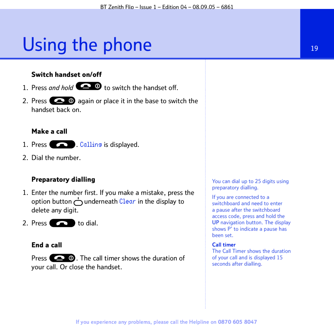 BT 6861 manual Using the phone, Call timer 