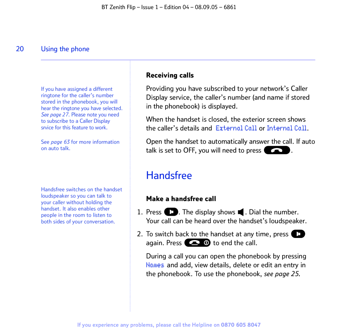 BT 6861 manual Handsfree, Using the phone, Make a handsfree call 