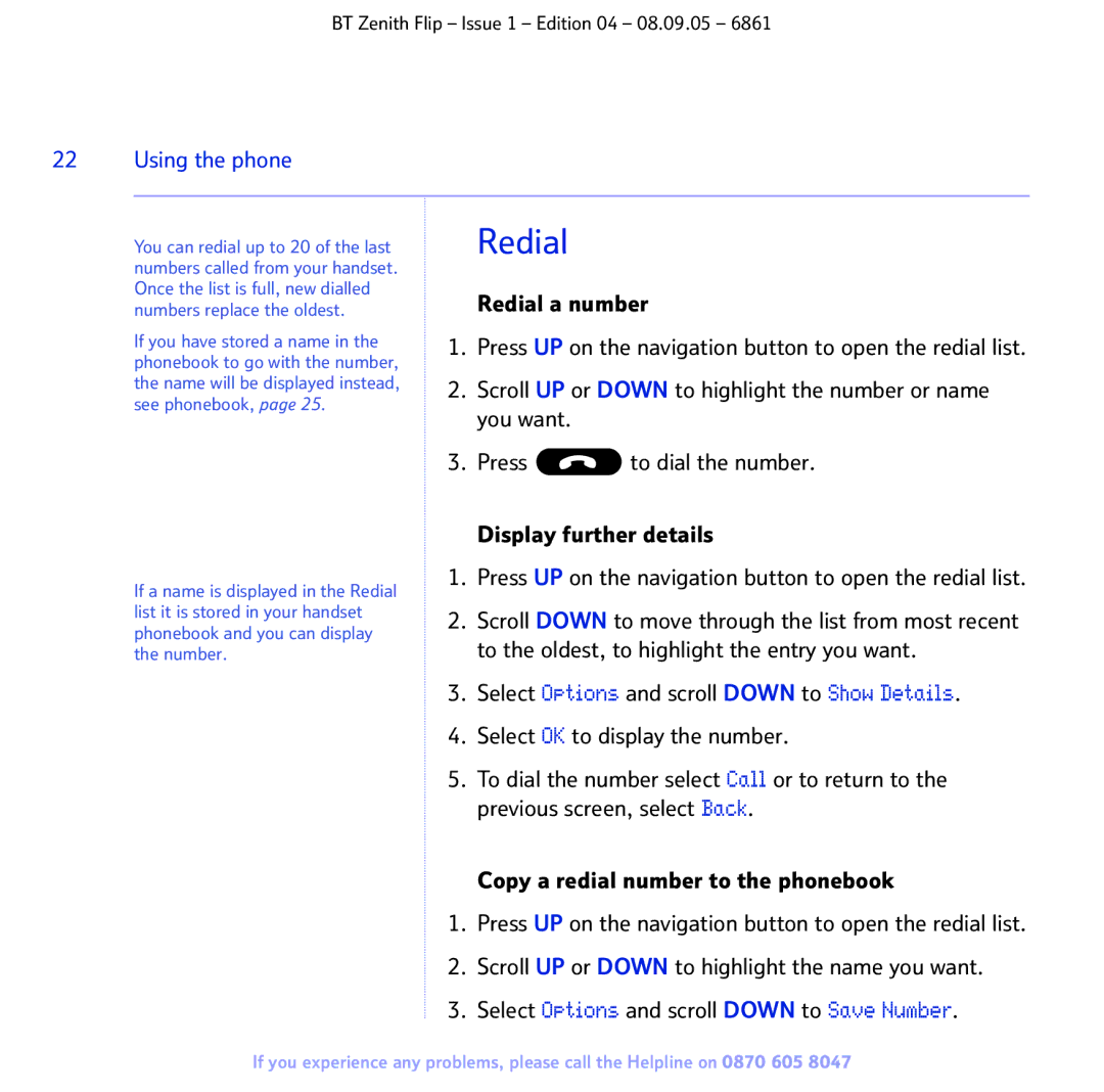 BT 6861 manual Redial 