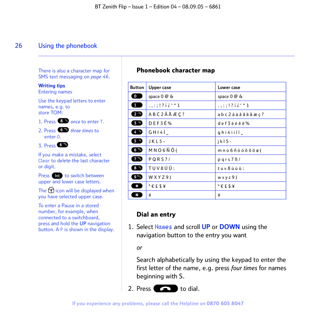 BT 6861 manual Using the phonebook, Writing tips 