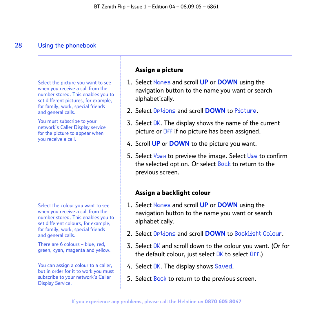 BT 6861 manual Select Options and scroll Down to Backlight Colour, Assign a picture 