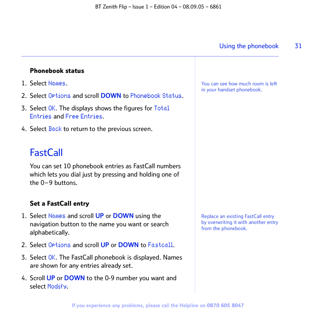 BT 6861 manual FastCall, Phonebook status Select Names 