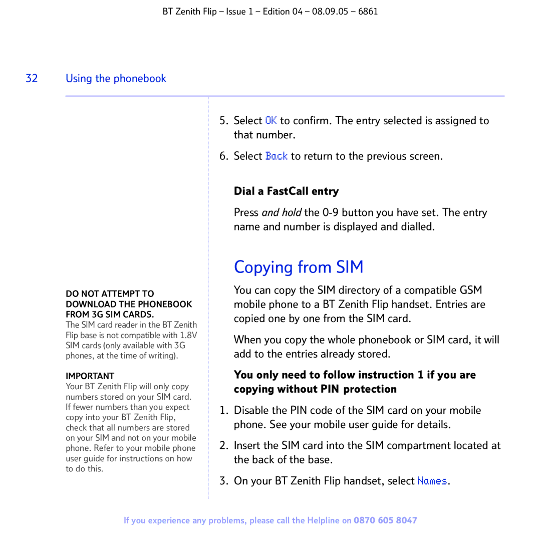 BT 6861 manual Copying from SIM, Do not Attempt to Download the Phonebook from 3G SIM Cards 