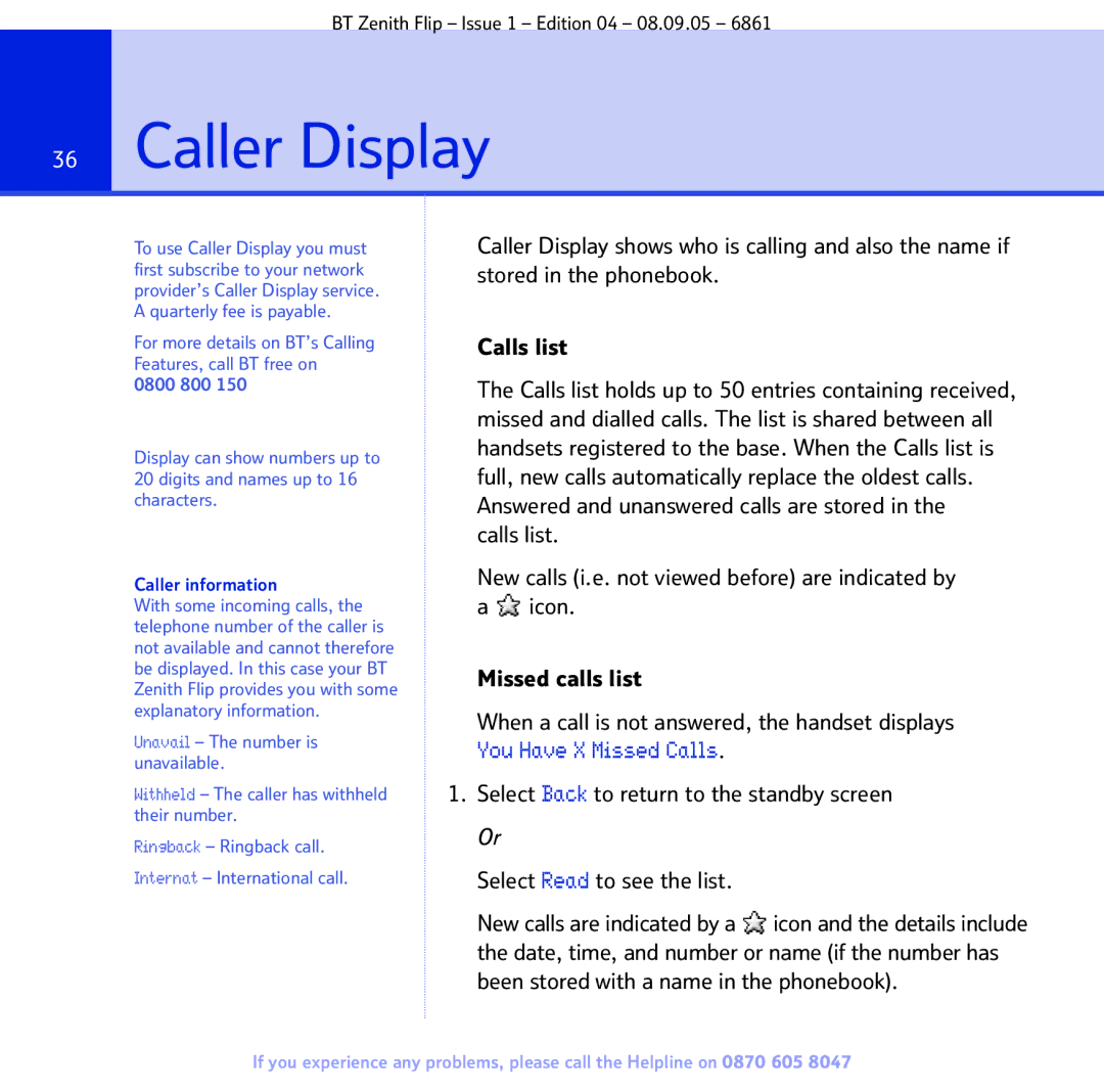 BT 6861 manual Caller Display, Caller information 