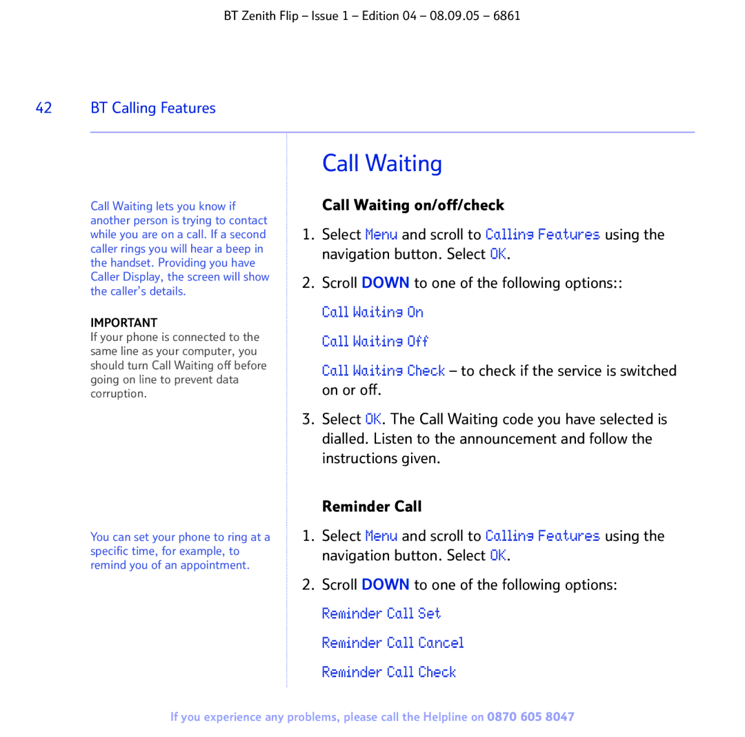 BT 6861 manual Call Waiting, BT Calling Features 