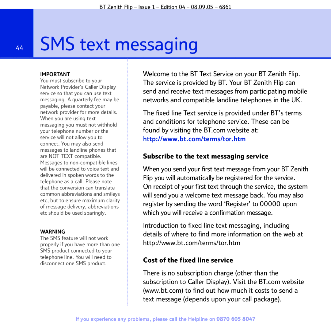 BT 6861 manual SMS text messaging, Subscribe to the text messaging service, Cost of the fixed line service 