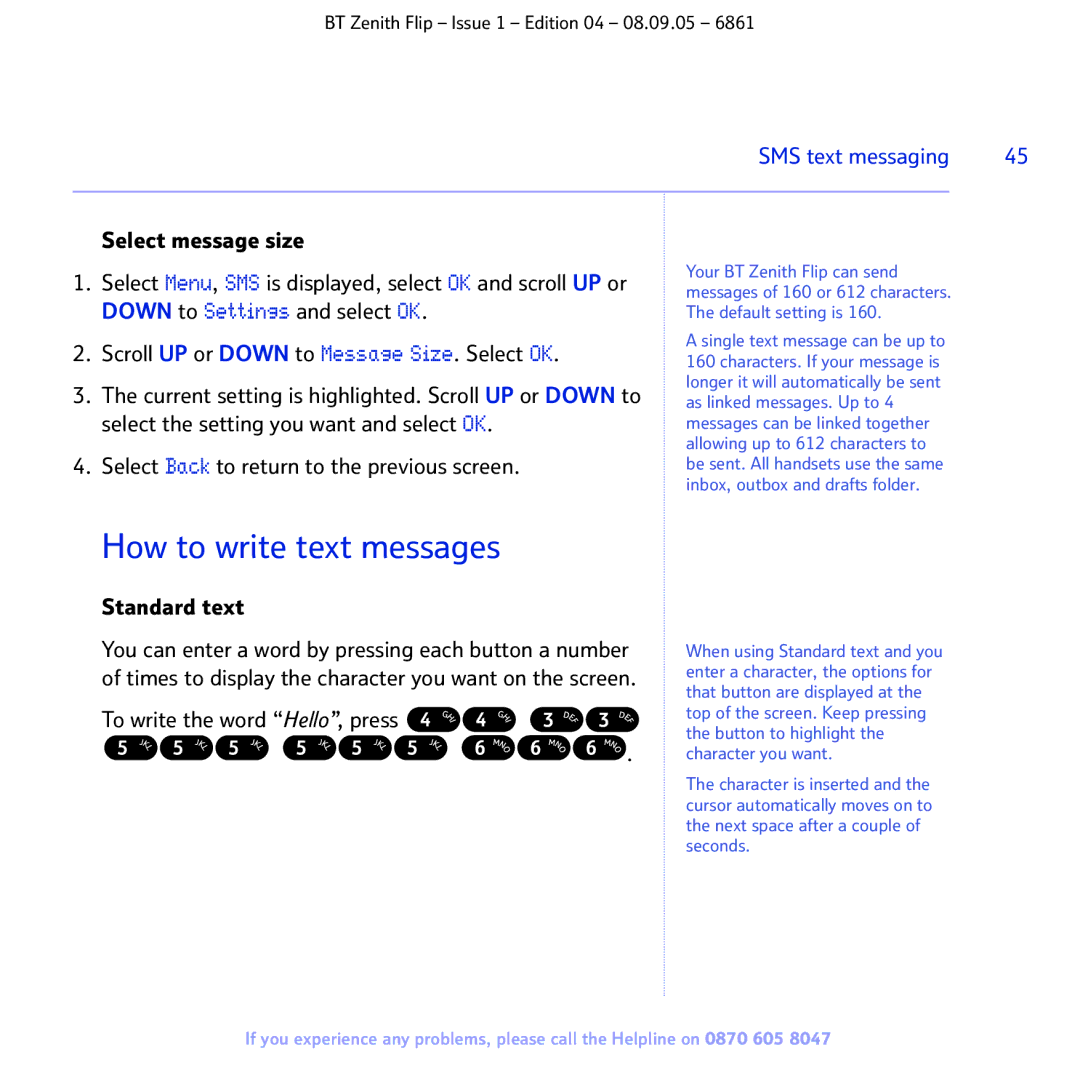 BT 6861 manual How to write text messages, Standard text, To write the word Hello, press, SMS text messaging 