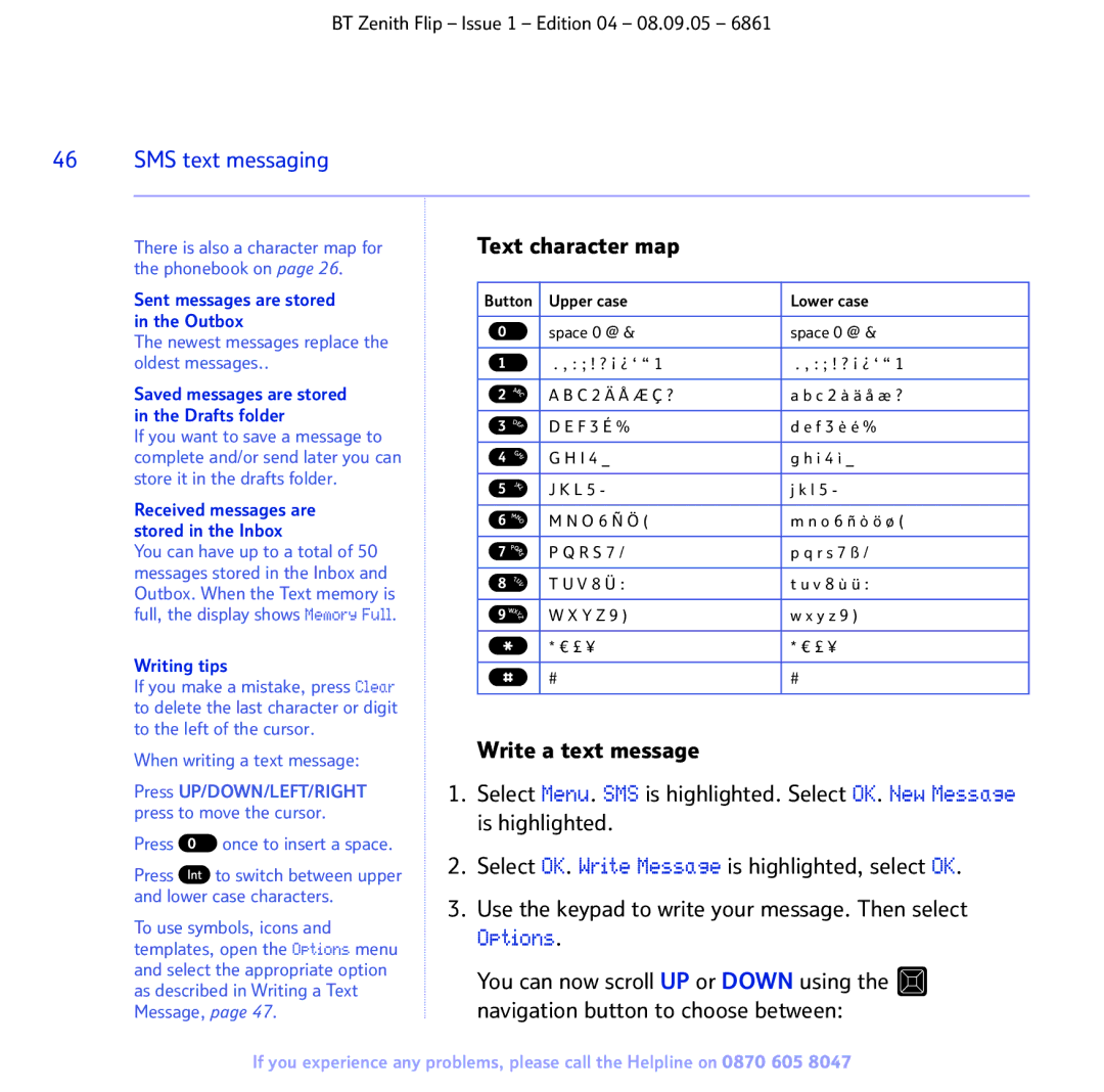 BT 6861 manual SMS text messaging, Sent messages are stored in the Outbox 