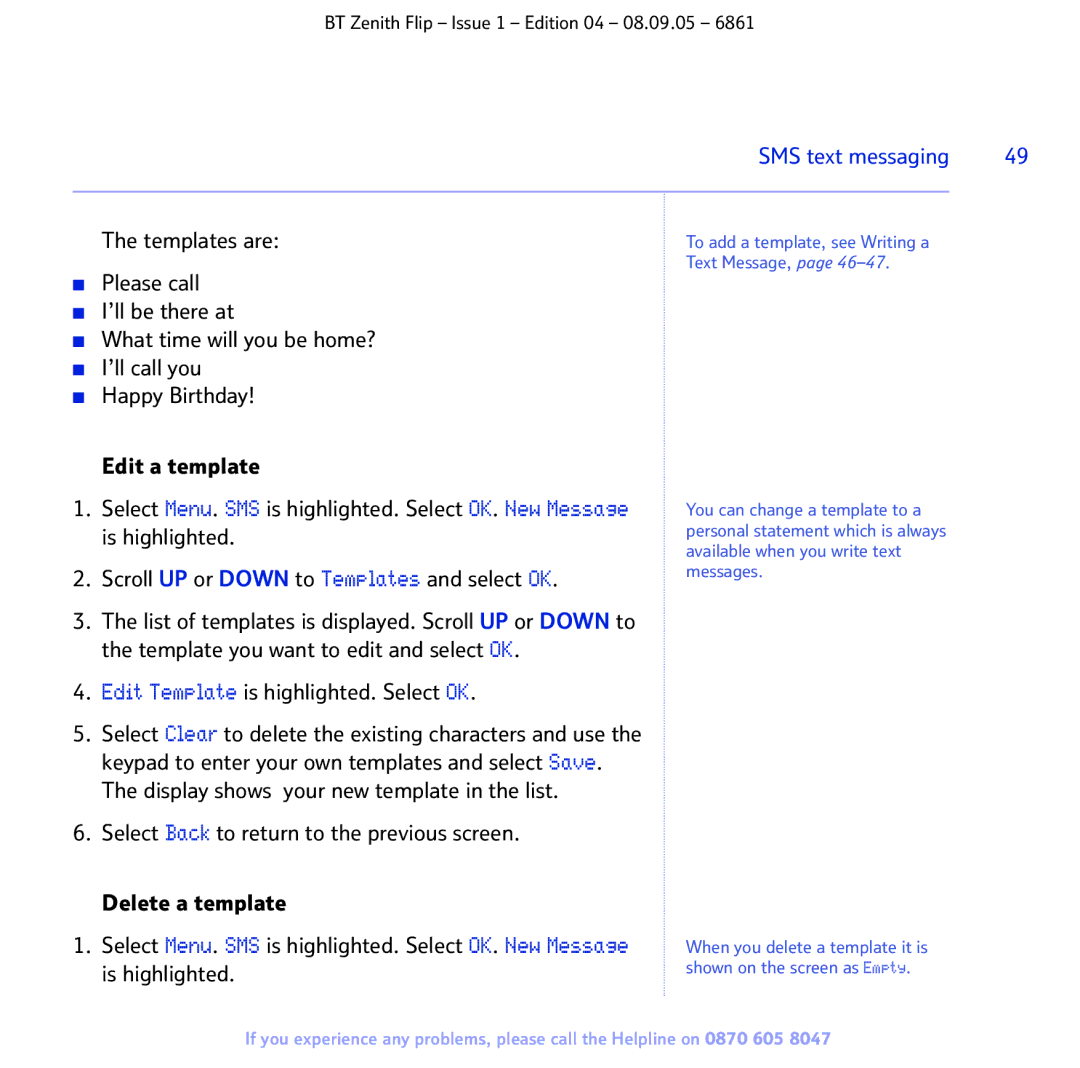 BT 6861 manual Templates are, Edit Template is highlighted. Select OK 