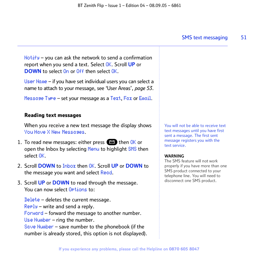 BT 6861 manual You Have X New Messages, Reading text messages 