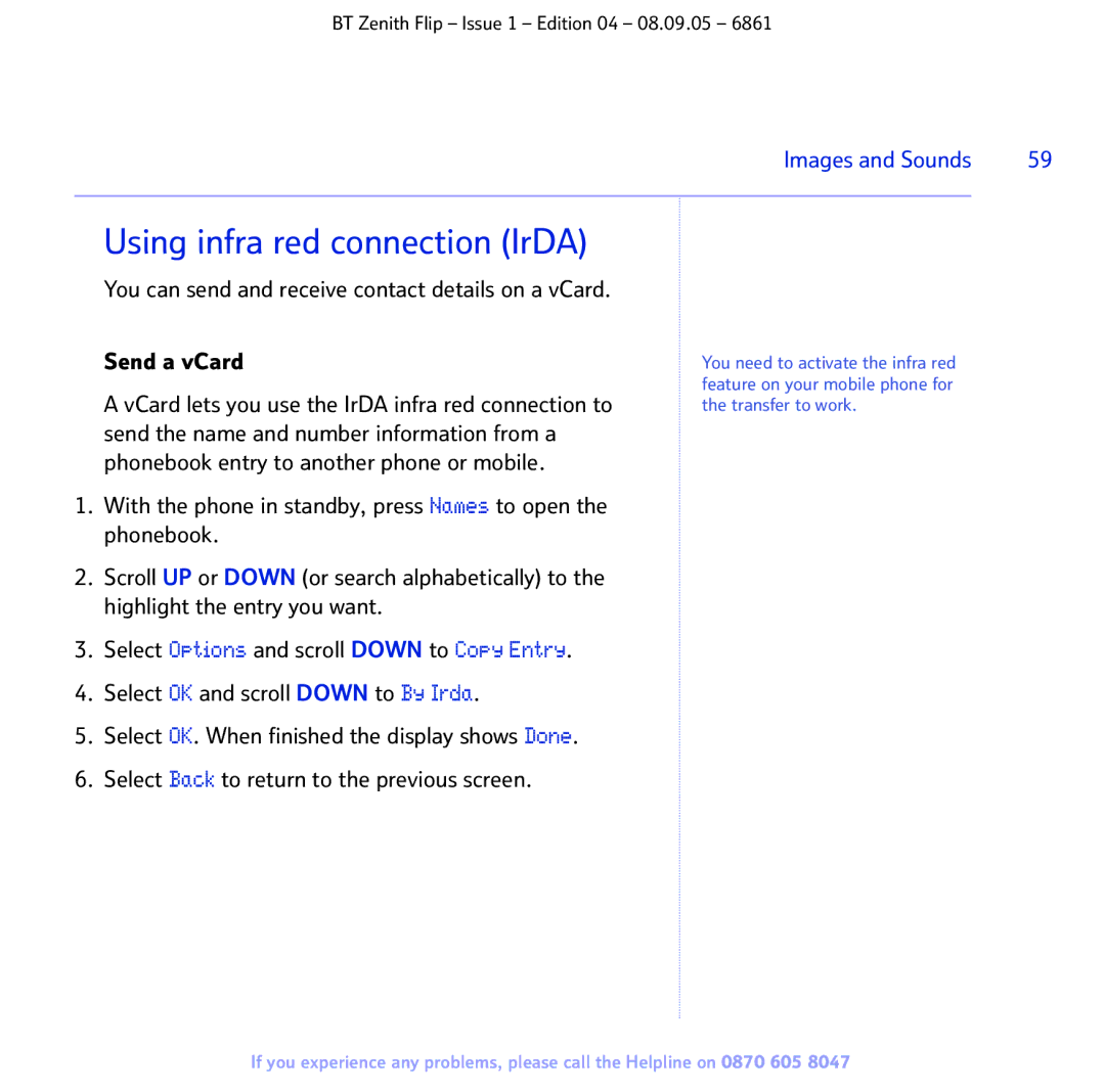 BT 6861 manual Using infra red connection IrDA, Images and Sounds 