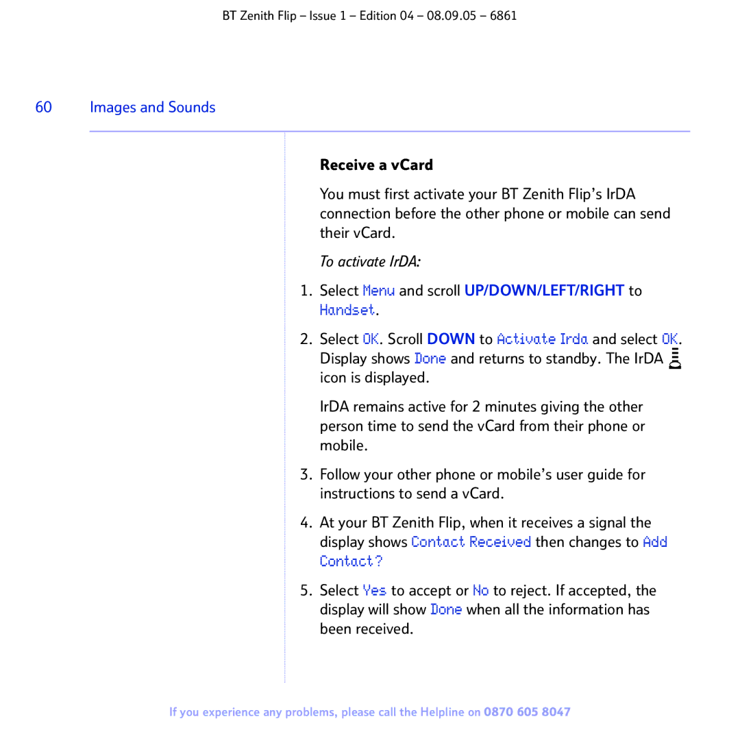 BT 6861 manual Select Menu and scroll UP/DOWN/LEFT/RIGHT to Handset 