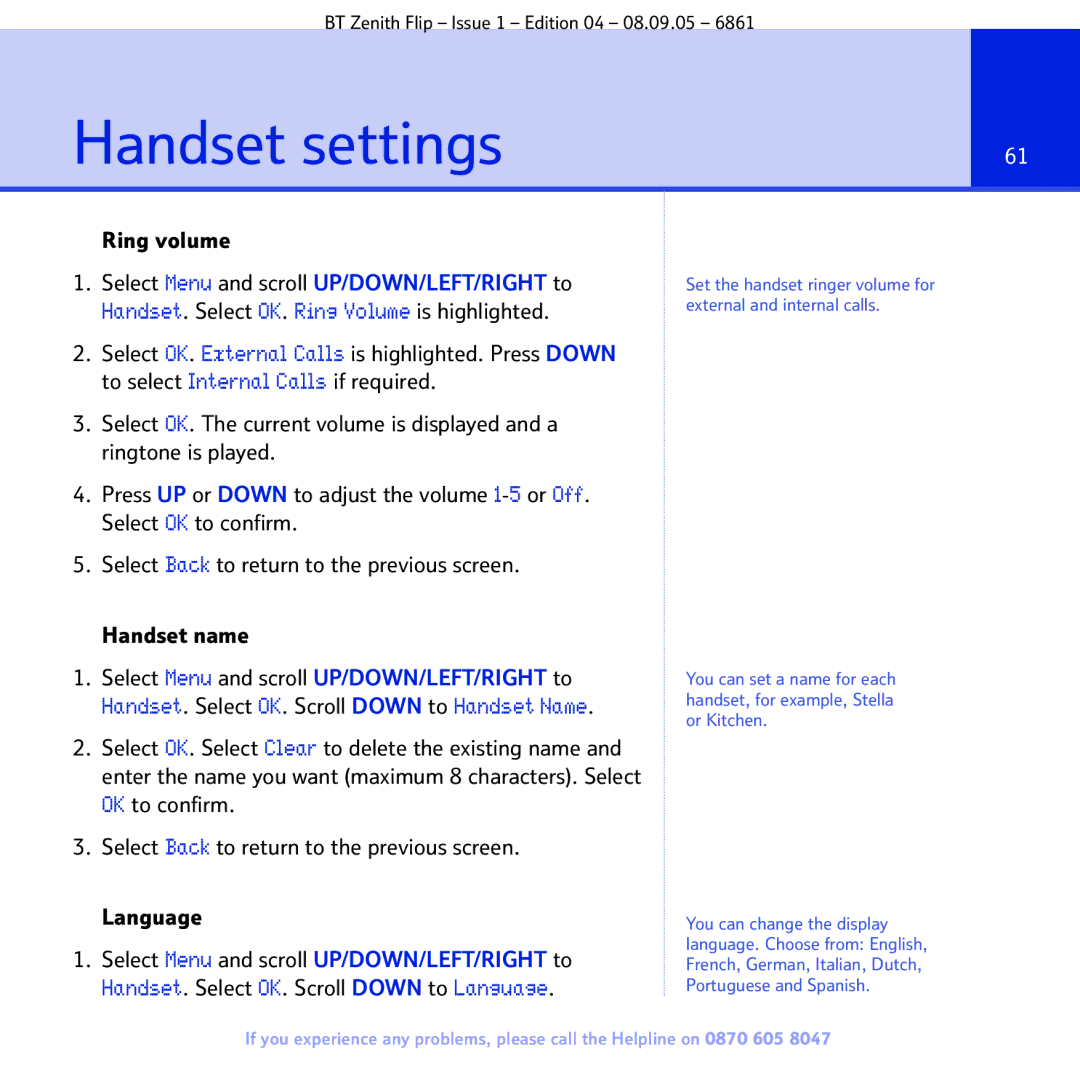 BT 6861 manual Handset settings, Ring volume 