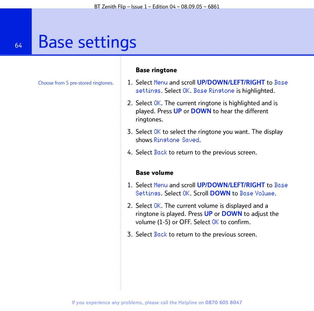 BT 6861 manual Base settings, Base ringtone 