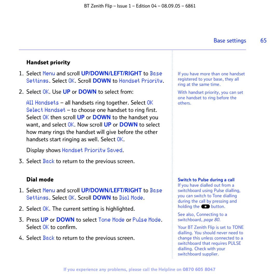 BT 6861 Handset priority, Select OK. Use UP or Down to select from, Select Back to return to the previous screen Dial mode 