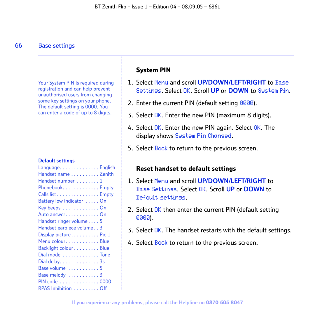 BT 6861 manual Base settings, System PIN, Reset handset to default settings, Default settings 