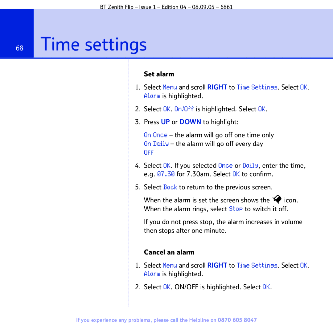 BT 6861 manual Time settings 