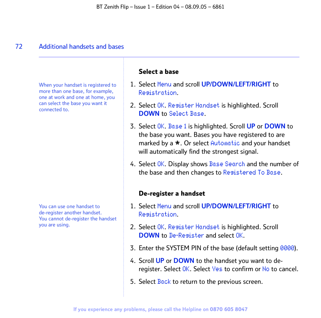 BT 6861 manual Additional handsets and bases, Select a base, De-register a handset 