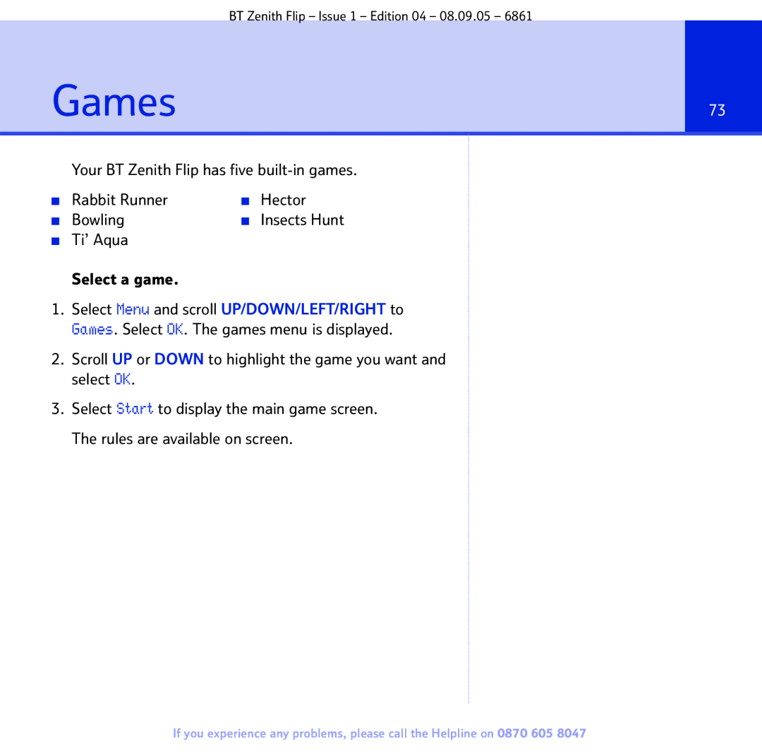 BT 6861 manual Games, Your BT Zenith Flip has five built-in games, Rabbit Runner Hector Bowling, Ti’ Aqua Select a game 