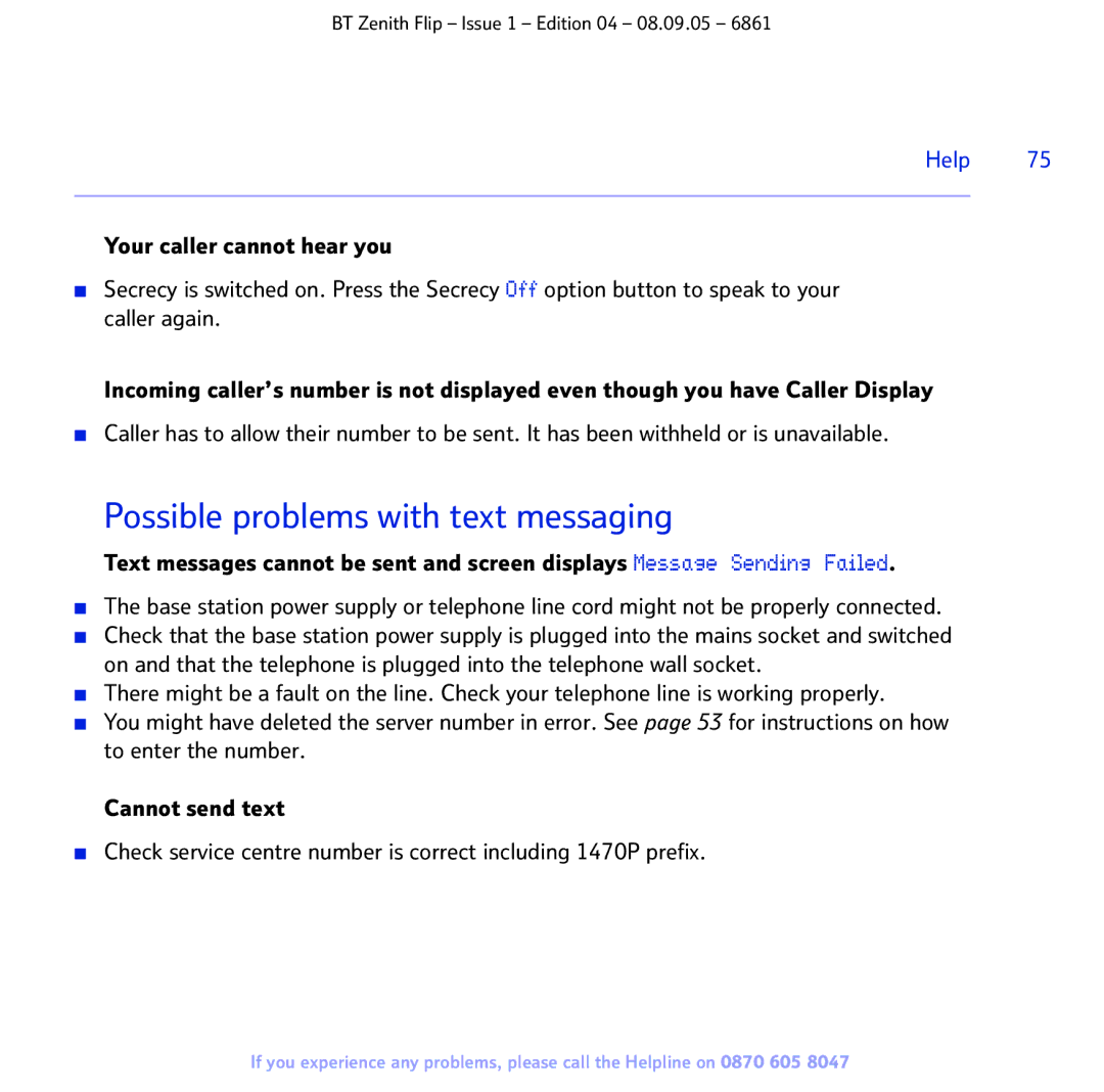BT 6861 manual Possible problems with text messaging, Help 
