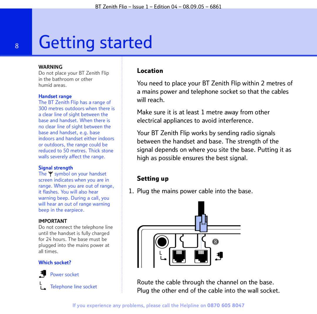 BT 6861 manual Getting started, Setting up Plug the mains power cable into the base, Handset range, Signal strength 