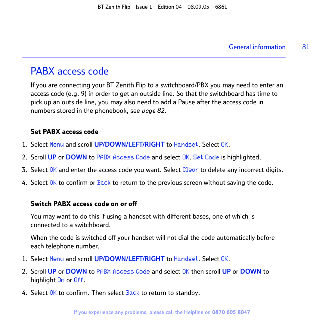 BT 6861 manual Pabx access code 