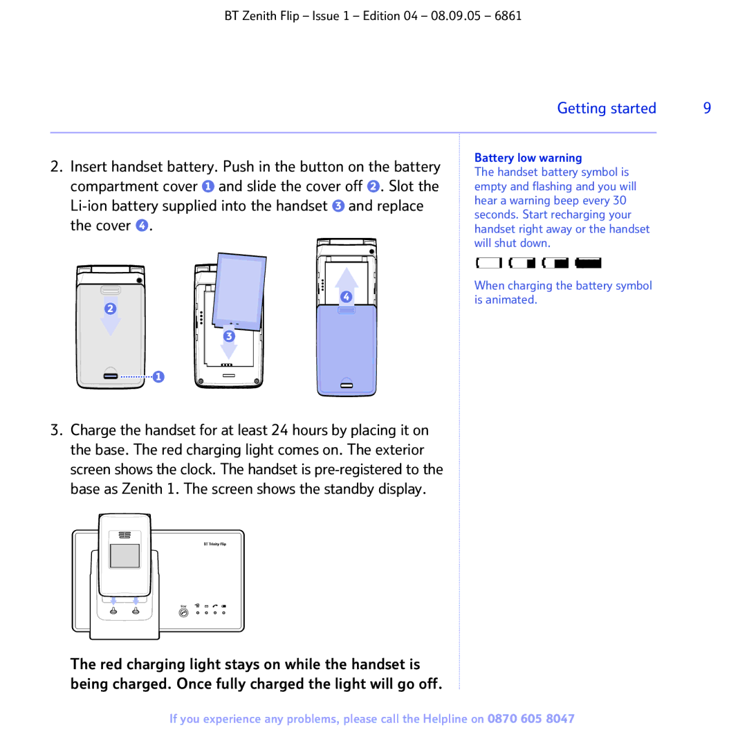 BT 6861 manual Getting started, Compartment cover 1 and slide the cover off 2 . Slot, Cover, Battery low warning 