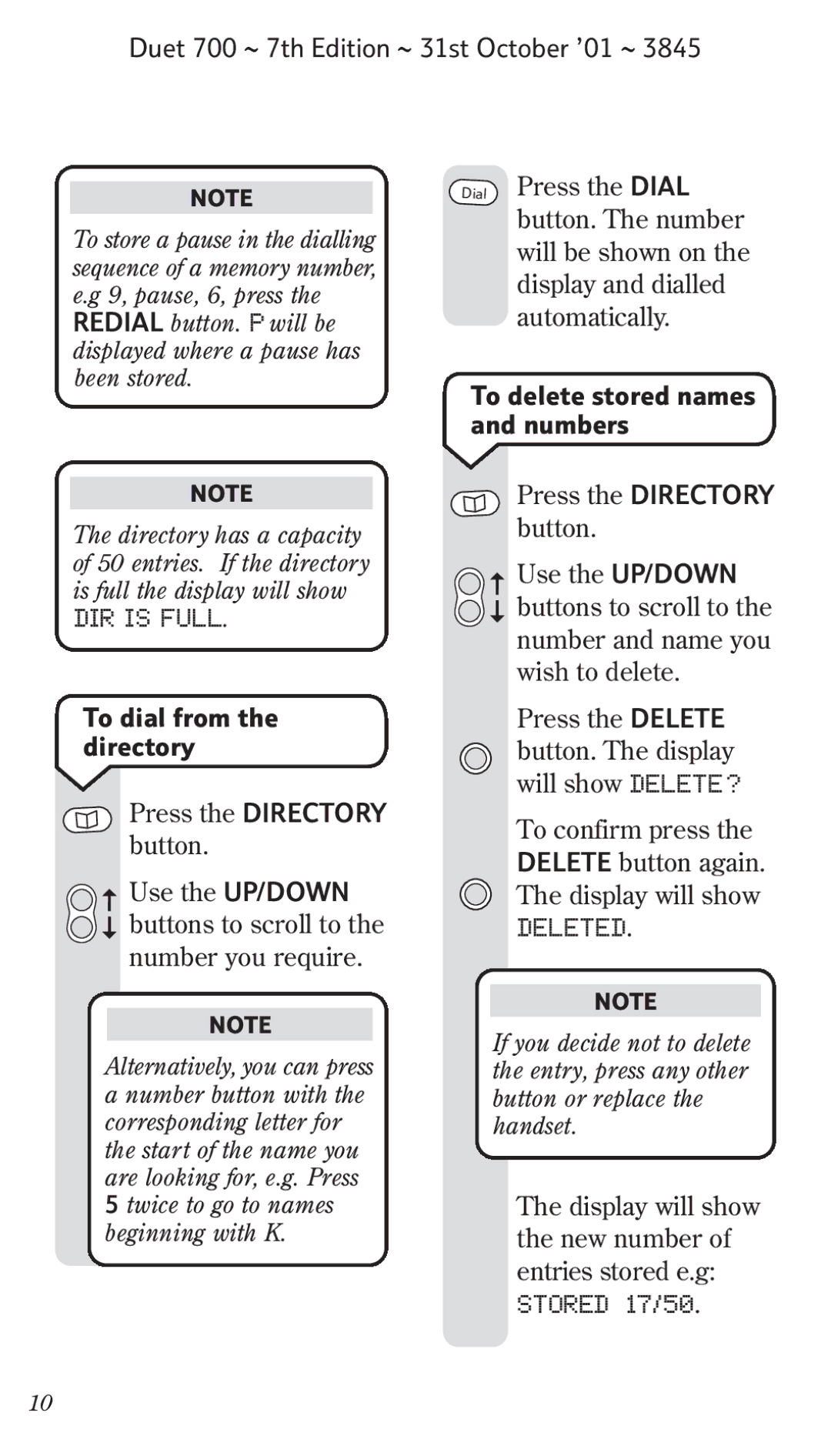 BT 700 manual DIR is Full, Press the Directory button, Deleted, Buttons to scroll to the number you require 