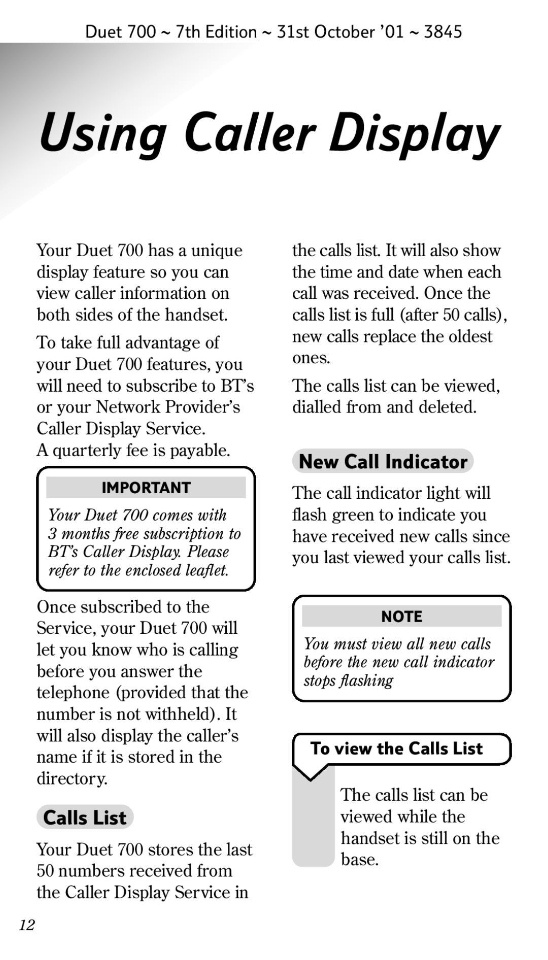 BT 700 manual Using Caller Display, New Call Indicator, Quarterly fee is payable, To view the Calls List 