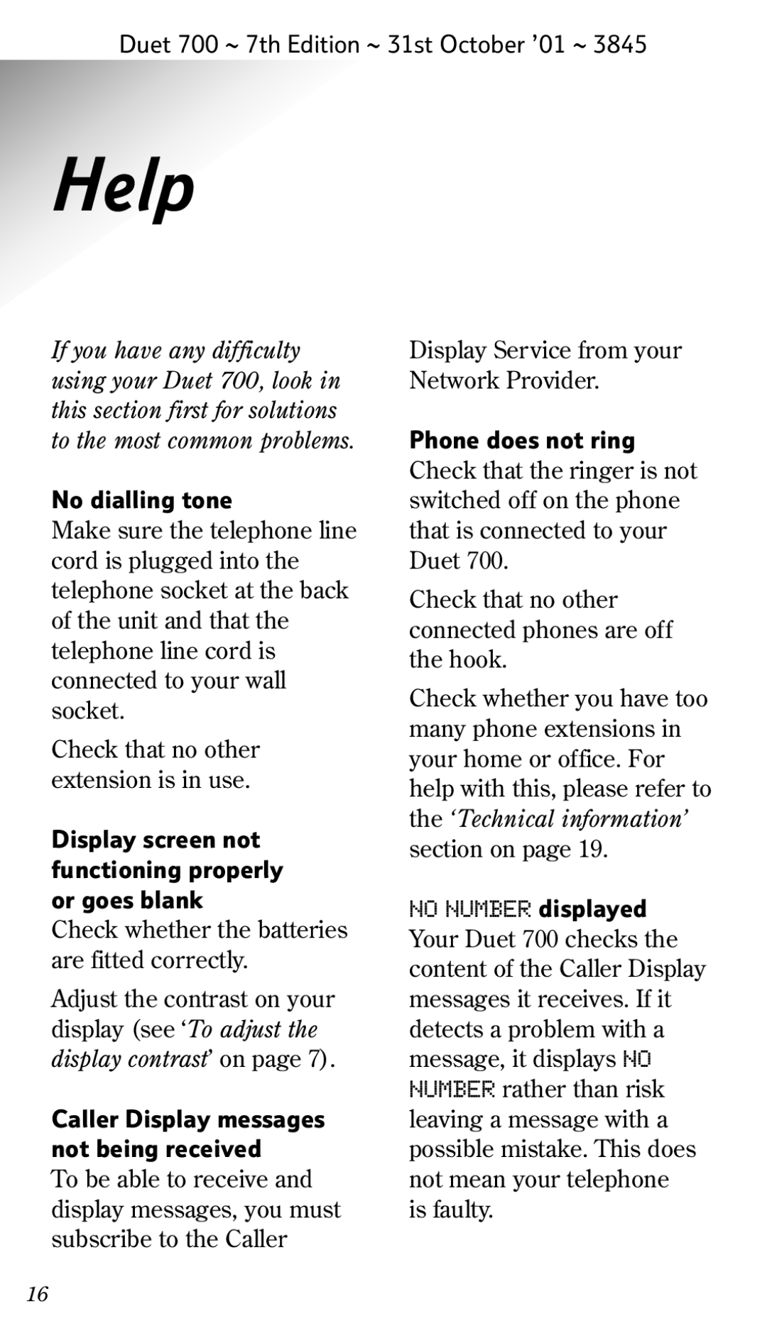 BT 700 manual Help, No dialling tone, Display Service from your Network Provider, Is faulty 