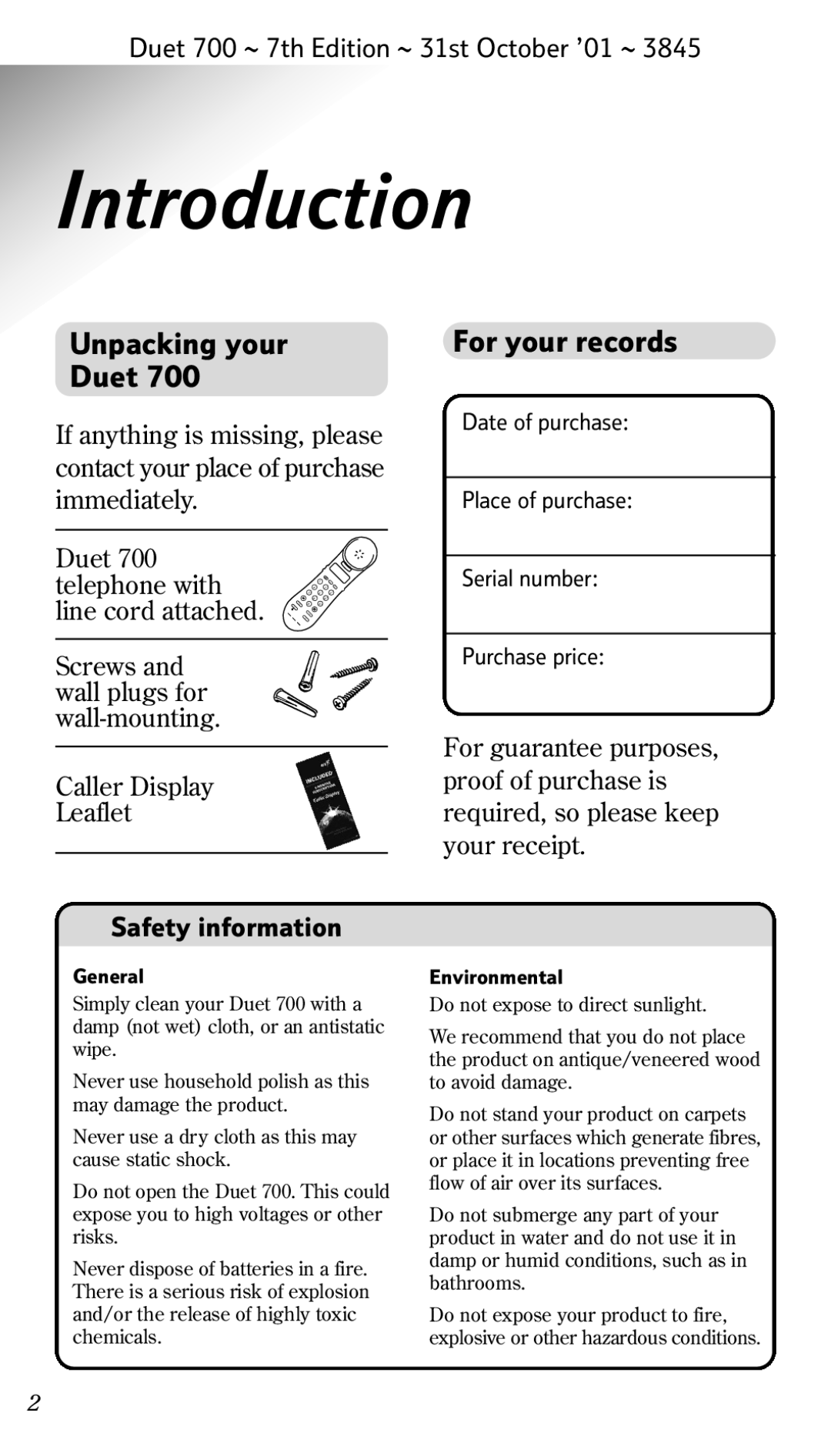 BT 700 manual Introduction, Unpacking your Duet, Caller Display Leaflet, Safety information 