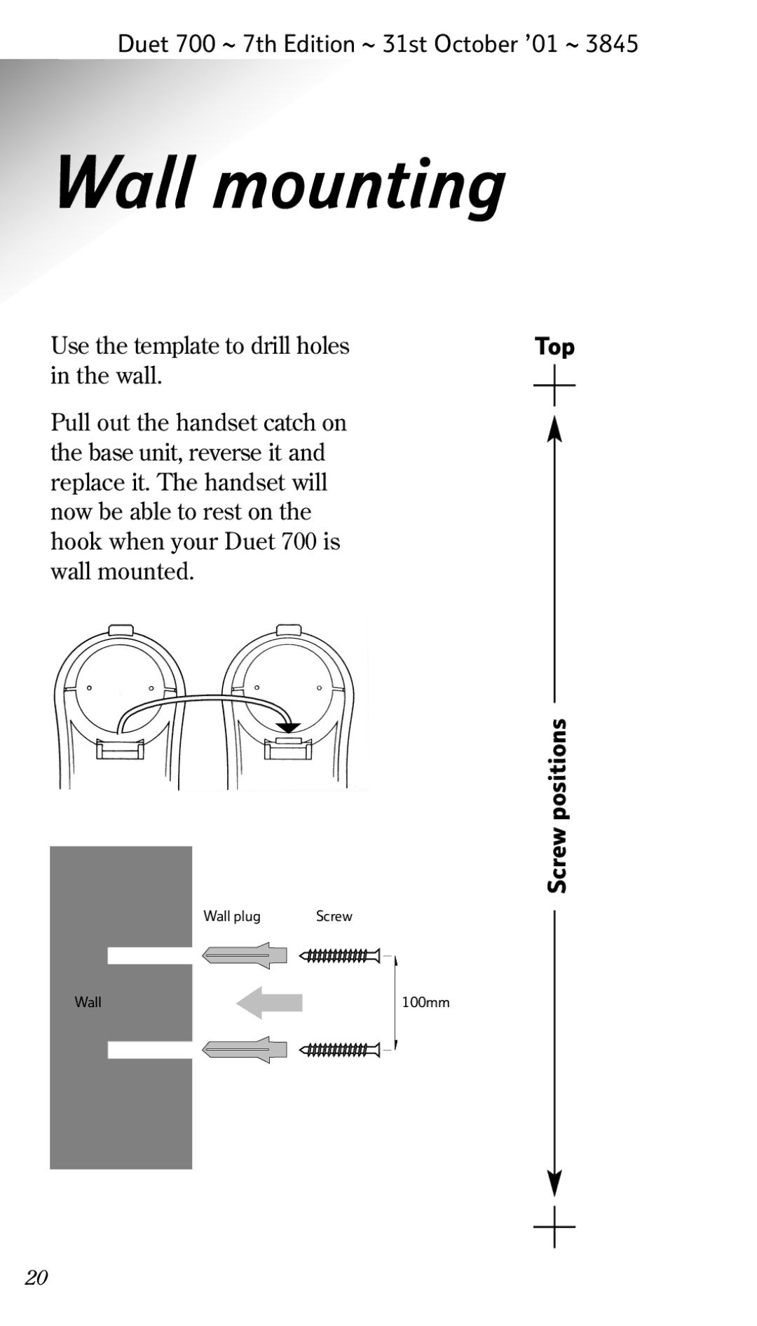 BT 700 manual Wall mounting, Use the template to drill holes, Top, Screw positions 