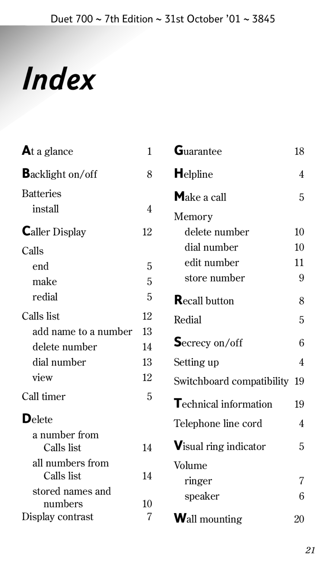 BT 700 manual Index, At a glance Backlight on/off, Caller Display Calls end make redial Calls list, Call timer Delete 