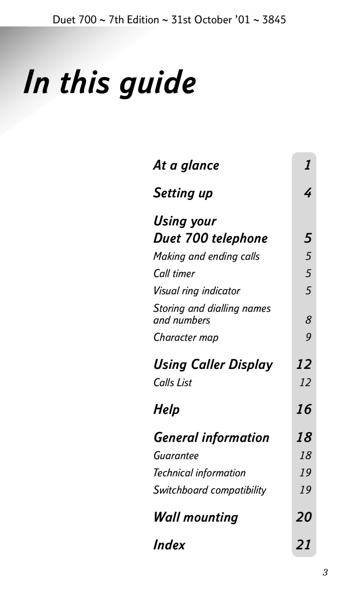 BT manual This guide, At a glance Setting up Using your Duet 700 telephone 