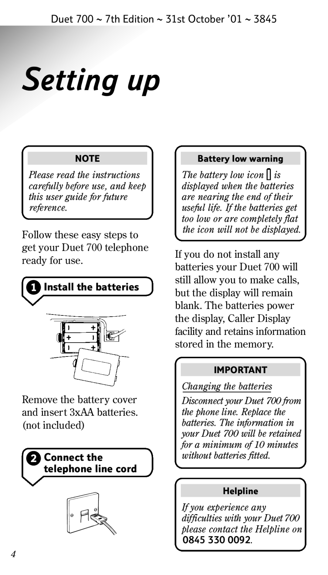 BT 700 manual Setting up, Install the batteries, Connect TelephoneZZZ line cord 