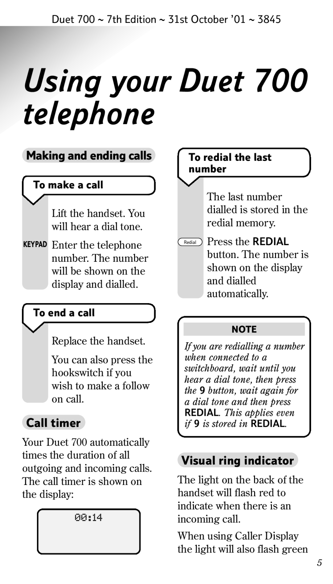 BT manual Using your Duet 700 telephone, Making and ending calls, Call timer, Visual ring indicator 