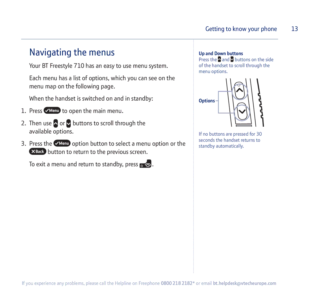 BT 710 manual Navigating the menus, Up and Down buttons, Options 