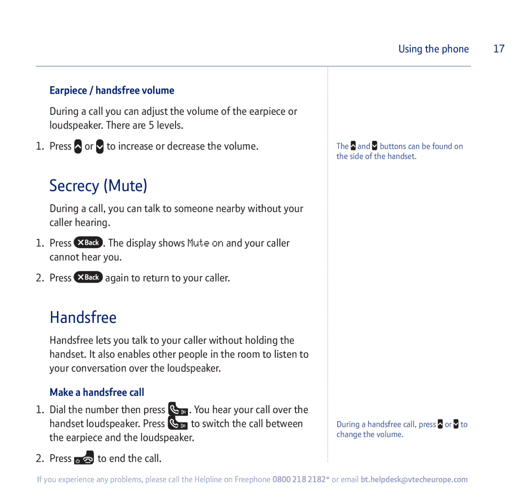 BT 710 manual Secrecy Mute, Handsfree, Earpiece / handsfree volume, Make a handsfree call 