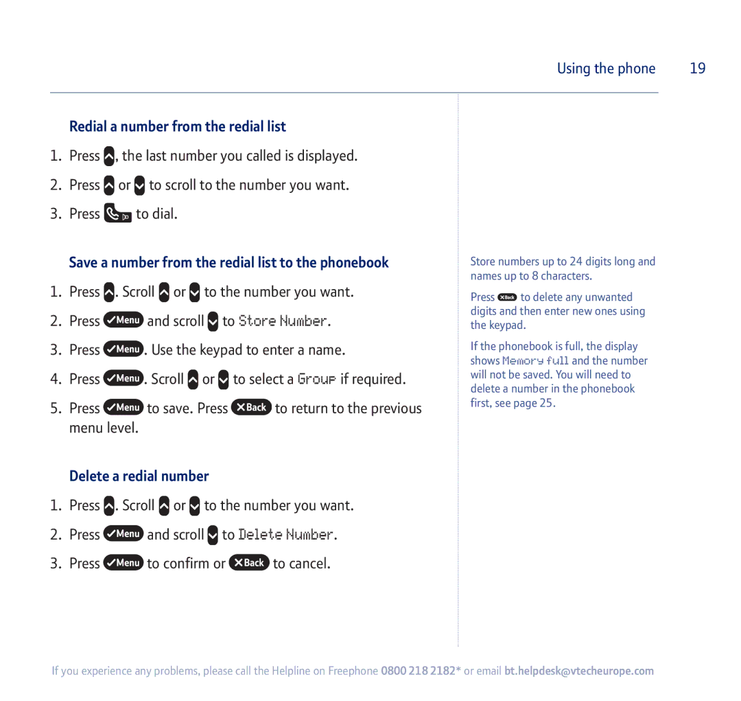 BT 710 Redial a number from the redial list, Save a number from the redial list to the phonebook, Delete a redial number 