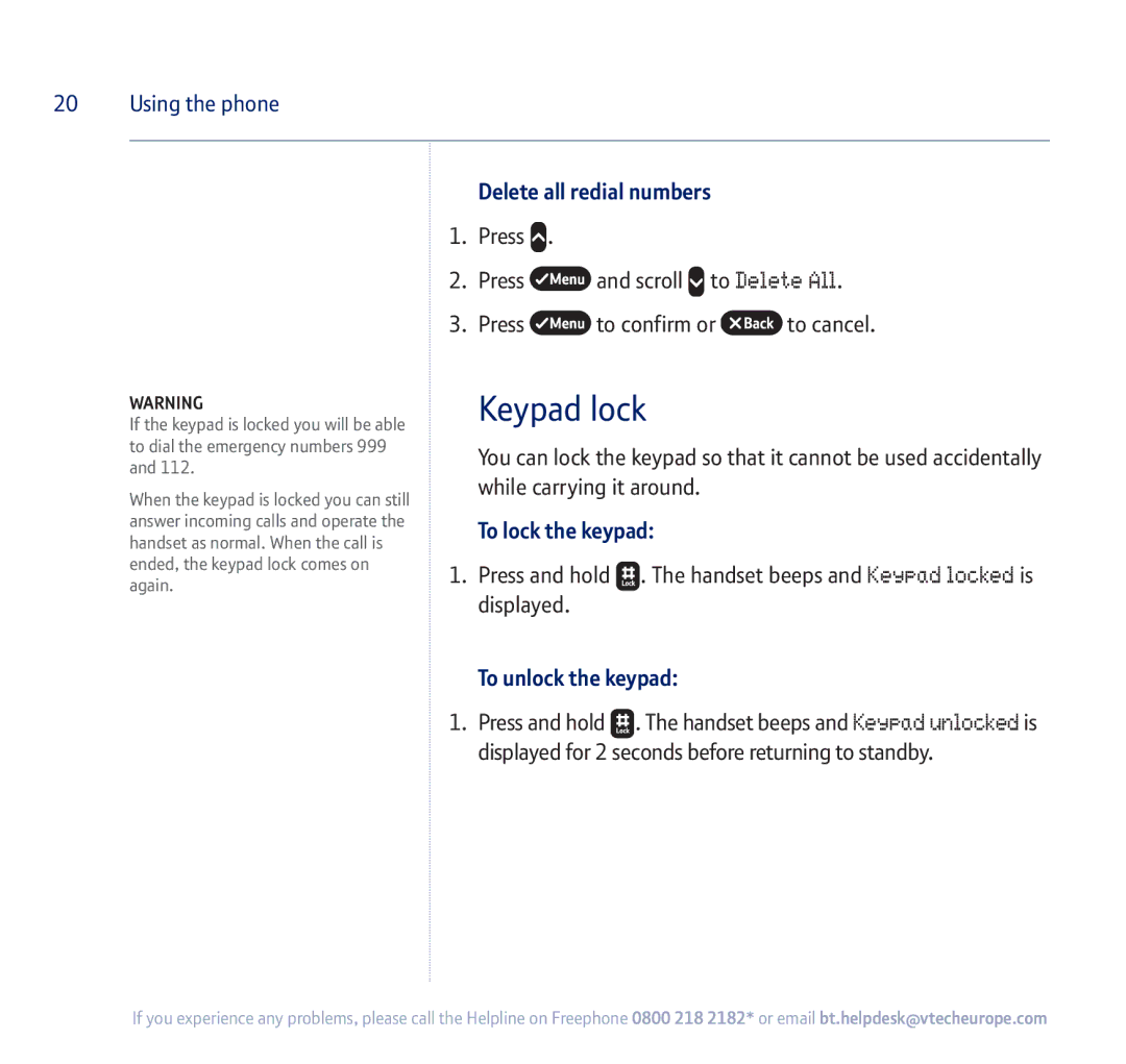 BT 710 manual Keypad lock, Delete all redial numbers, To lock the keypad, To unlock the keypad 