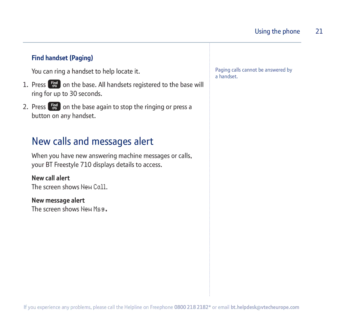 BT 710 manual New calls and messages alert, Find handset Paging 