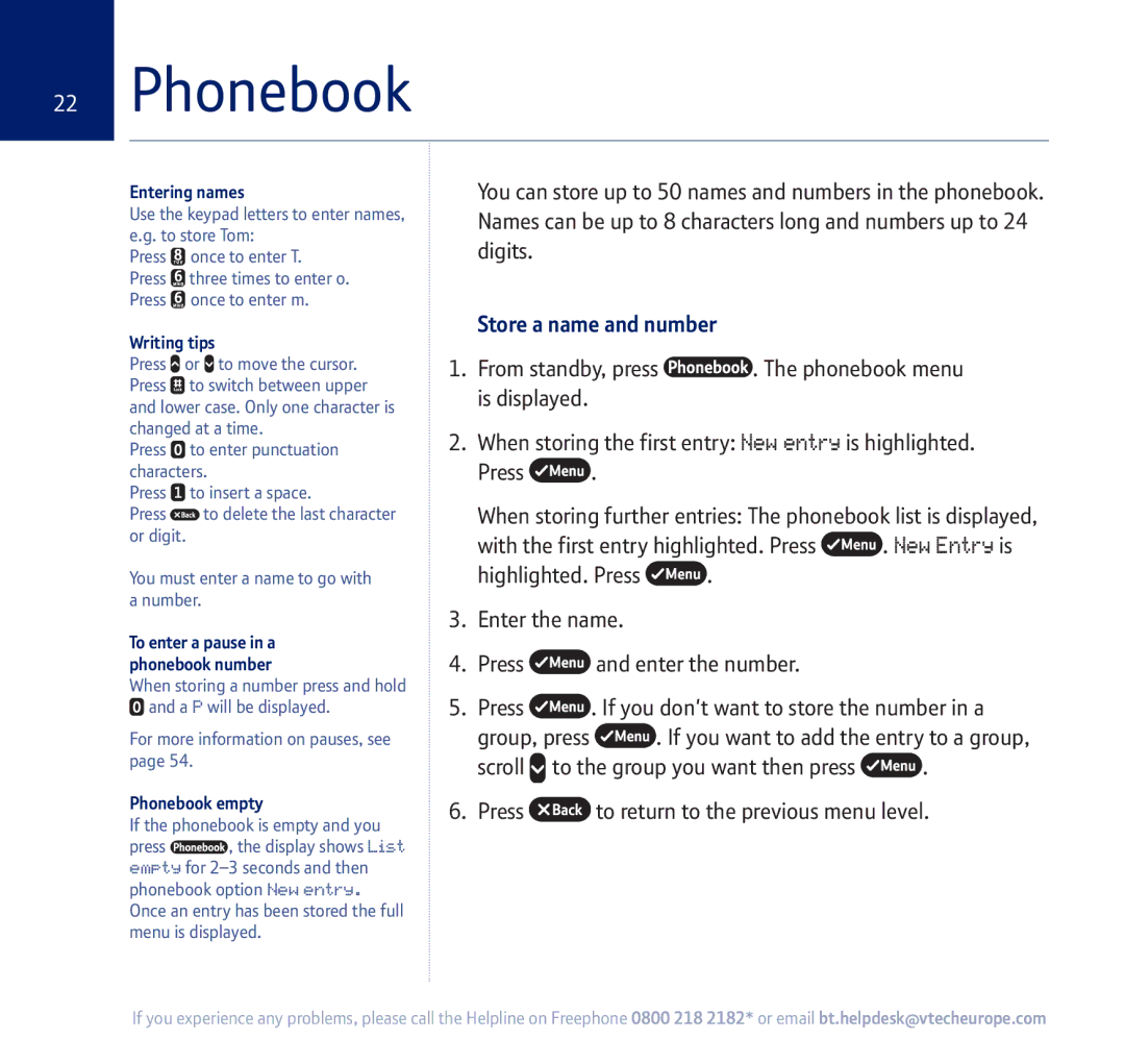 BT 710 manual Store a name and number, Entering names, Writing tips, Phonebook empty 